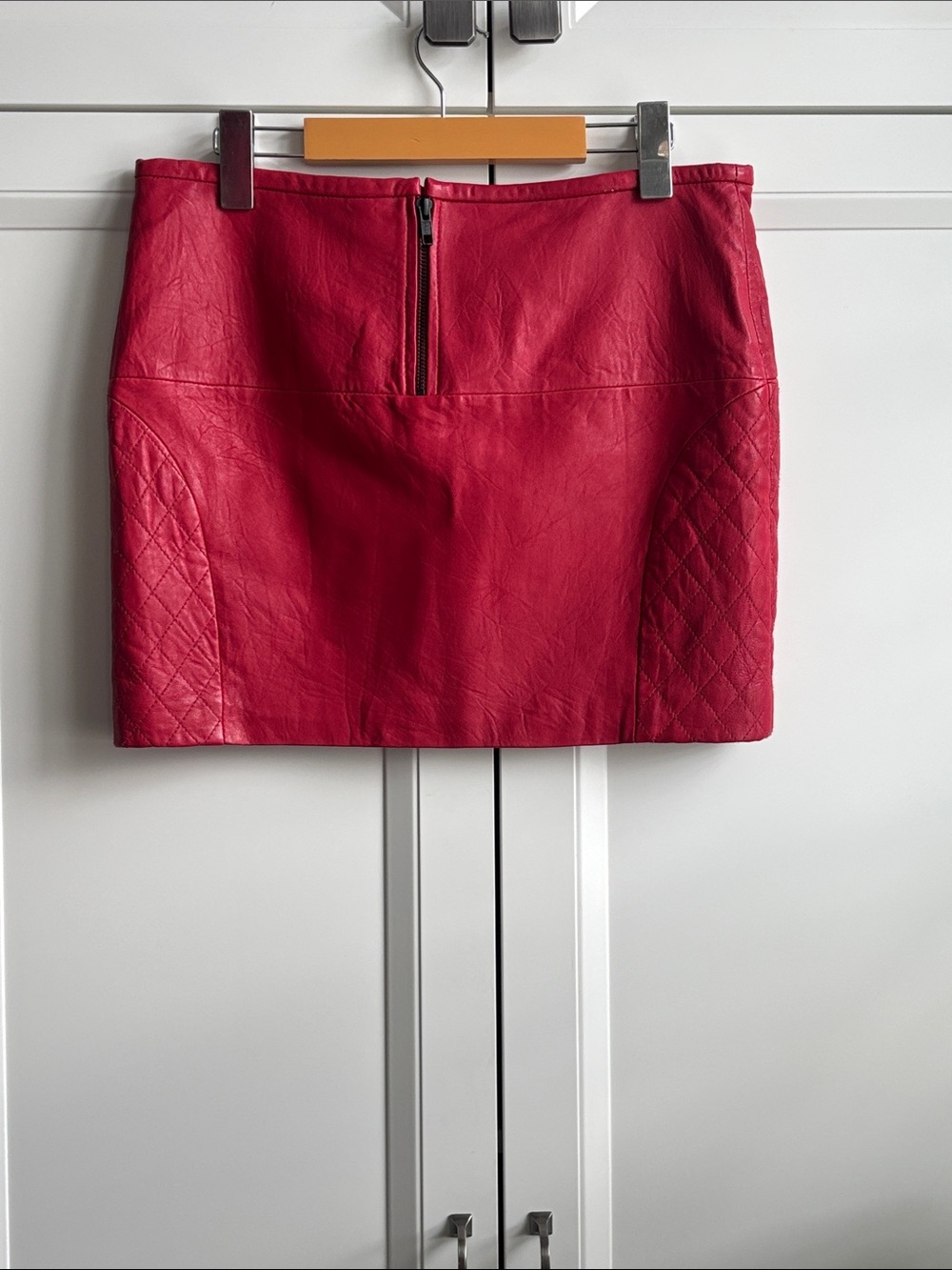 American Retro Red Faux Leather Quilted Mini Skirt with Center Zip
